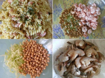 Pasta fredda con sedano, ceci, mazzancolle e rosmarino
