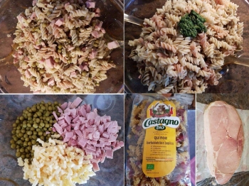 pasta fredda con prosciutto cotto, piselli, formaggio ed un tocco di pesto