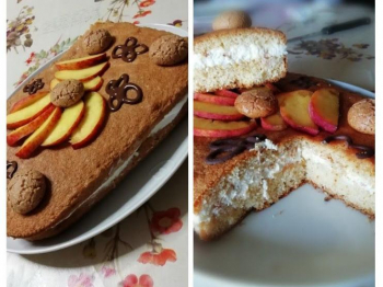 Pan di Spagna con panna, amaretti e pesche fresche