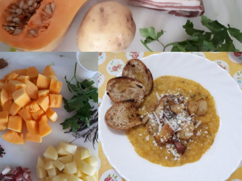 Cremosa di zucca baby con guanciale e patate alle erbe aromatiche