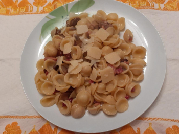 orecchiette  con i funghi e pancetta croccante