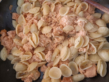 Pasta in crema di salmone aggrovigliato